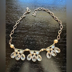 J. Crew Clear Rhinestone and Pearl Triad Statement Necklace Antique Brass